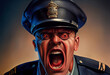 Portrait of crazy aggressive policeman. Bad cop.