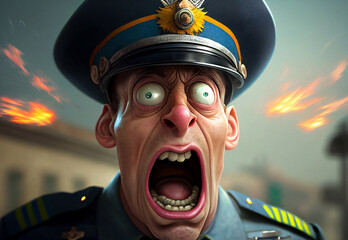 Portrait of crazy aggressive policeman. Bad cop.