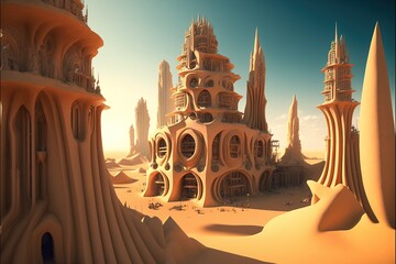 Futuristic sand city in the desert. Unrealistic futuristic high-rise buildings, desert landscape, dune sand architecture. AI