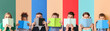 Set of different people reading books on color background
