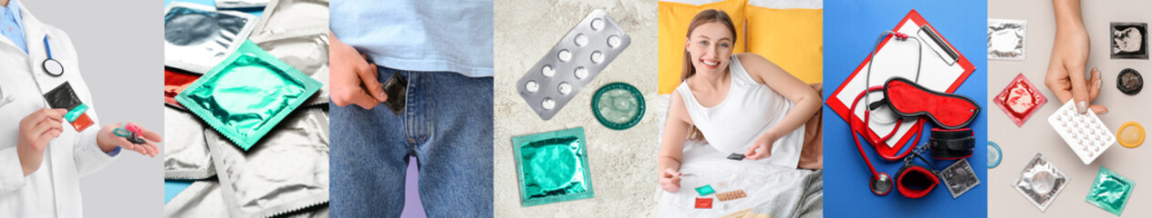 Sticker - Collage with gynecologist, young people and different types of contraception