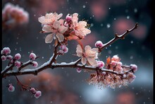 Blossoming Branches Of Cherry, Sakura In The Snow, Sunlight Nature Wakes Up, Spring Background. AI