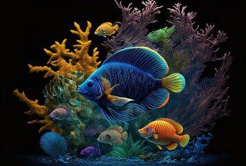 Canvas Print - Tropical vegetation and colorful exotic fish float in a deep blue aquarium. Generative AI