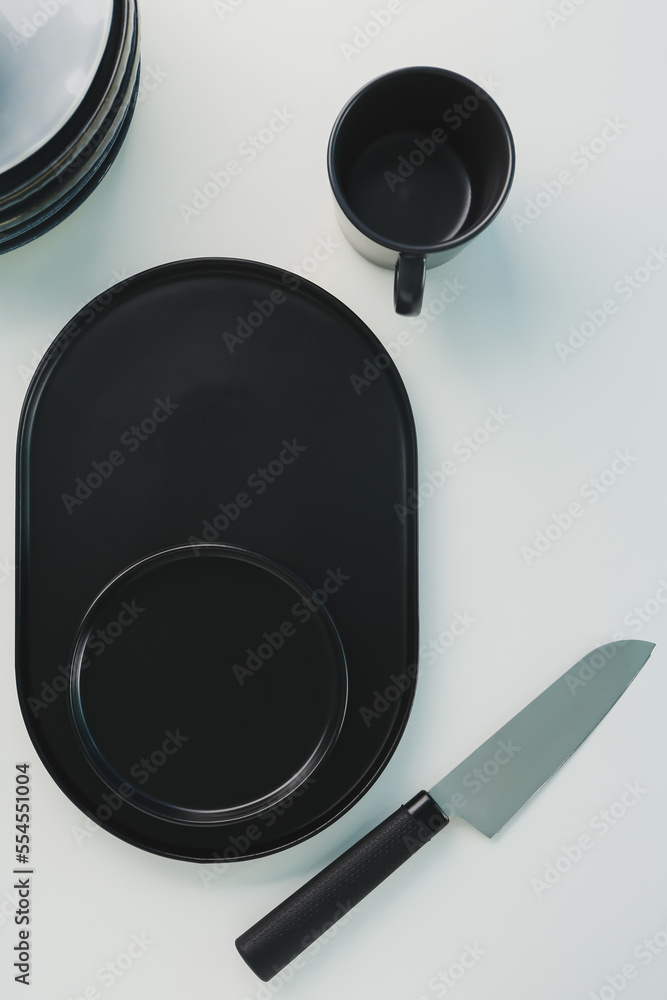 Stylish table setting on white background, top view