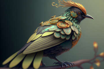 Sticker - 3d illustrative drawing of a bird with ornaments and flowers. Intricate details. Generative AI.