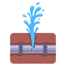 Breakthrough Of An Iron Pipe Underground. Fountain Of Water From A Rusted Pipe. Flat Vector Illustration.