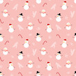 Cute winter seamless pattern with snowman and candy cane. Funny childish festive print for textile, wrapping paper