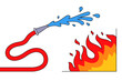 extinguish fire with red hose with water. flat vector illustration.