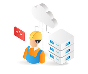 Wall Mural - Flat isometric 3d illustration programmer cloud server developer and maintainer