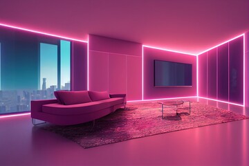 Futuristic modern cyberpunk living room design, Generative AI