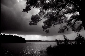 Rain patters against the surface of the lake, tree leaves and cloudy sky - generative ai