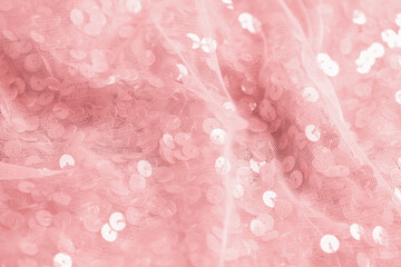 Canvas Print - Beautiful pink fabric with shiny sequins as background, closeup