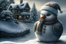 Snowman Bird On A Snow And A Cabin In The Background 