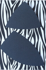 two black construction paper shapes on paper with black and white stripes