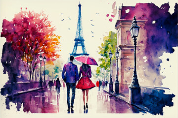 Man and Woman Walking Near the Eiffel Tower in Paris France, Watercolor Style - Made with Generative AI