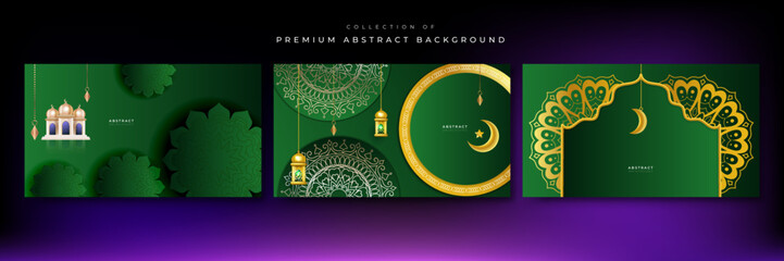 Ramadan background design with green and gold islamic decoration for greeting card. Vector illustration