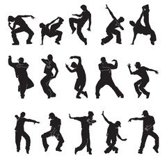 Wall Mural - Collection of Dancing street dance black silhouettes in urban style on white background, vector illustration.