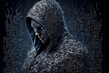 computer hacker made of 1000 diodes ransomware cyber security threat malware virus bad guy criminal technology inspired binary art illustration with room for print / copy space