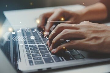 Online communication concept, Businessman chat and communication on laptop, digital media website and social network.