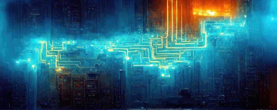 Wall Mural -  - Circuitry issued in blue tones, orange glow, lattice rays, CPU circuitry, abstract, Sci-fi style, cyberpunk advanced cutting edge technology design elements, generated by Ai