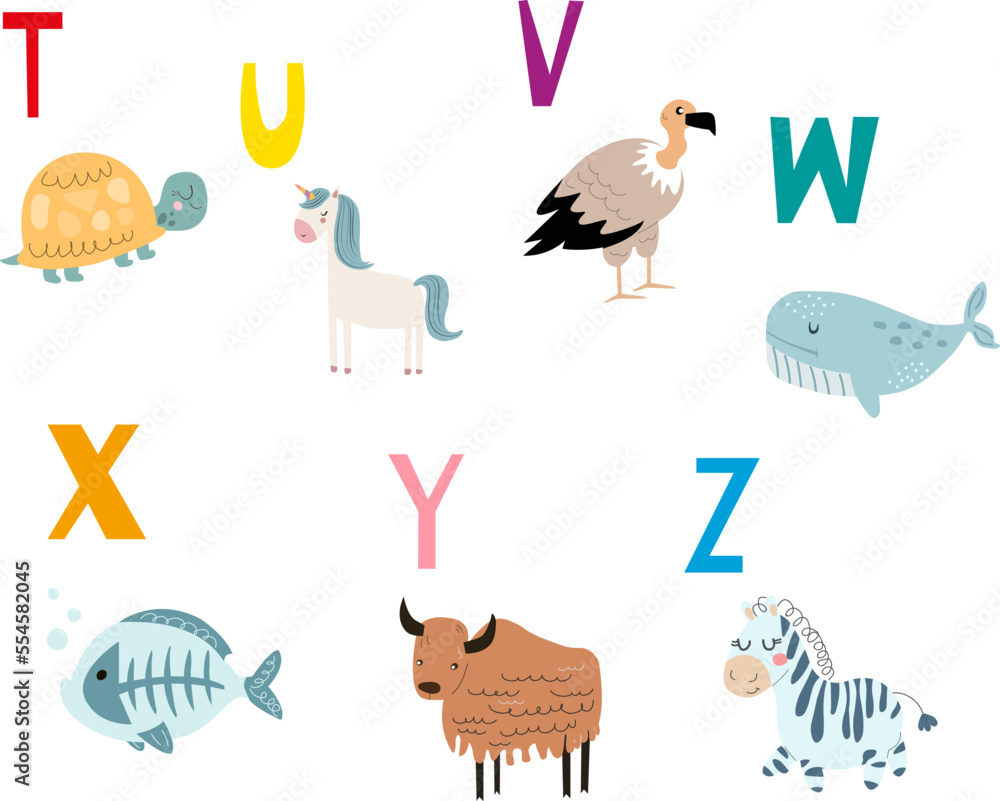 Vector alphabet with animals in cartoon style. Part 3. Stock Vector ...
