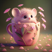 Generative AI:  fantasy mouse in a cup with flowers
