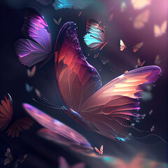Wall Mural - generative ai: butterflies glow in a forest