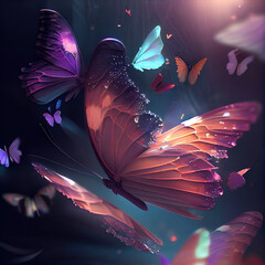 Wall Mural - generative ai: butterflies glow in a forest