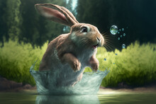 Rabbit Jumping And Splashing In Water. Generative AI