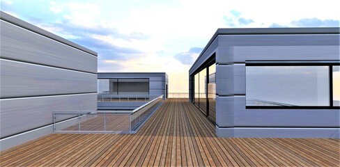 An open plank terrace on the second floor of a compact club hotel. Great opportunity to get some fresh air after lunch. 3d rendering.