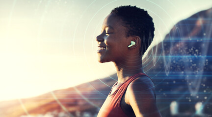 Sticker - Black woman, outdoor and listening to music in nature with overlay or double exposure of future audio in nature for peace, freedom and peace. Face of female with earphones while streaming sound