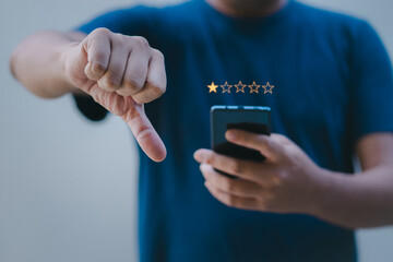 dissatisfied customer experience concept, unhappy business customer with sad face , bad review, bad 
