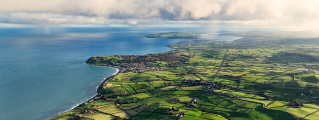 Aerial view of clouds over Ballygally on Co Antrim coastline Northern Ireland