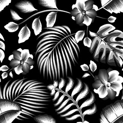 Wall Mural - abstract Background with monochromatic tropical leaves and flowers plants foliage in dark. Vector design. Flat jungle print. Floral background. Exotic tropics wallpaper. Summer design. prints textile