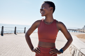 Wall Mural - Happy, fitness and black woman on the promenade for running, cardio exercise and idea for sports in Australia. Vision, smile and African runner training for a marathon, race or health by the ocean