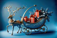  A Reindeer Pulling A Sleigh With Presents On It's Back And A Blue Background With A Blue Background. Generative AI