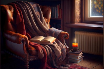 Poster -  a chair with a blanket and a book on it next to a window with a candle in it and a book on the floor. Generative AI