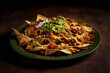  a plate of nachos with guacamole and tortilla chips on it on a table. Generative AI