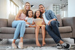 © Delcio F/peopleimages.com - Movie, cartoon and family with tablet to relax, social media communication and happy on internet. Digital education, learning and portrait of girl children with interracial mother and father on tech