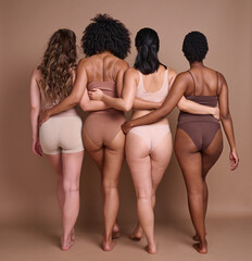 Back, diversity and body positivity with woman friends in studio on a brown background for natural confidence. Normal, behind and inclusion with a female friend group posing to promote real people