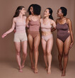 © N F/peopleimages.com - Women diversity, body positivity and happy hug of a group of model friends smile about skin beauty. Wellness, solidarity and proud woman community celebrate skincare, natural cosmetics and health