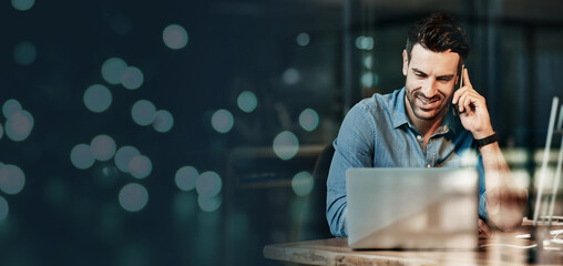 Fototapete - Phone call, finance and businessman with a laptop for networking, connection and branding of company with mockup space. Banner, planning and employee with pc advertising financial accounting agency