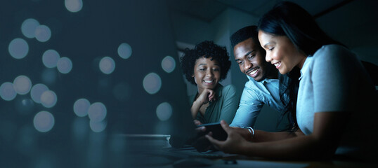 Fototapete - Collaboration, night and mockup with a business team working overtime together in their office in the evening. Teamwork, dark and dedication with a man and woman employee group at work in advertising
