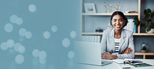 Business woman, portrait and bokeh banner, mockup and advertising space in Atlanta. Happy black female worker at desk with mock up of stock marketing, financial planning or corporate growth in office