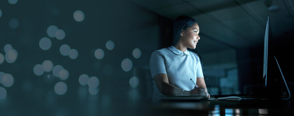 Aufkleber - Mockup, night and overtime with a business woman at work on a deadline in a marketing office for advertising. Computer, design or dedication with a female employee working on a project in the evening
