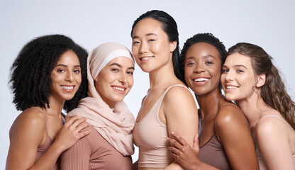 Sticker - Diversity, woman and beauty portrait for body positive support, happiness and skincare wellness. Interracial models, happiness solidarity and smile for skin glow, cosmetics dermatology in studio