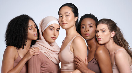 Sticker - Beauty, diversity and women in portrait with skin, inclusion and different, global and community with support and equality in race. Skincare, wellness and natural cosmetics against studio background.