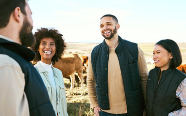 Wall Mural - Farming people, talking or sales negotiation of cow farm, dairy agriculture environment or sustainability beef production. Happy smile, bonding cattle farmers and men, women diversity and countryside