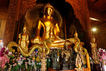 Phu Ruea District, Loei Province, Thailand - 28 July 2022: Golden Big Buddha Meditating In Church At Wat Somdet Phu Ruea Ming Mueang