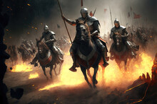 Battle Of Knights In Armor On The Battlefield, The Struggle Of Good Against Evil. Knights Riders Galloping On Horses. Sparks And Flames, Portraits Of Warriors. 3d Render